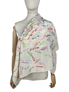Original 1940's 1948 Dated White Artificial Silk Scarf with Vibrant Embroidered Signatures