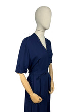 Load image into Gallery viewer, Original 1950&#39;s Dark Blue Moygashel Linen Classic Belted Day Dress by Rembrandt - Great Button Detail - Bust 38 *
