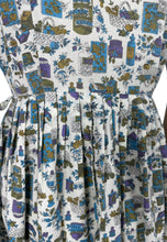 Load image into Gallery viewer, Vintage 1950&#39;s 1960&#39;s Lightweight Cotton Novelty Print Shirtwaister Dress in Purple, Blue and Green - Bust 36
