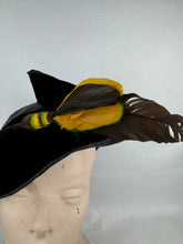 Load image into Gallery viewer, Original 1930's Black Straw Hat with Velvet and Feather Trim by Woods of Colwyn Bay *
