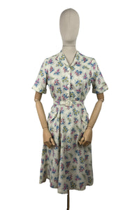 Original 1940's 1950's Cotton Belted Day Dress with Floral Print in Blue, Pink, Green and Yellow - Bust 38