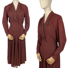 Load image into Gallery viewer, Original 1930&#39;s Warm Brown Crepe Dress with Embroidery and Soutache - Bust 36
