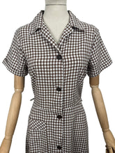 Load image into Gallery viewer, Vintage White and Brown Gingham Day Dress with Large Patch Pocket - Bust 37 38
