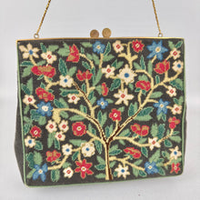 Load image into Gallery viewer, Original 1950&#39;s Black Needlepoint Bag with Red, Green, Blue and Cream Embroidery
