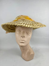 Load image into Gallery viewer, Original Late 1940's or Early 1950's Walter Florell Raffia Hat in Yellow with Velvet Ribbon Trim *
