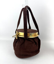 Load image into Gallery viewer, Original 1940&#39;s Chocolate Brown Suede Bag with Gold-tone Frame and Clasp
