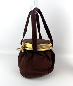 Original 1940's Chocolate Brown Suede Bag with Gold-tone Frame and Clasp