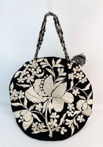 Original 1920's Black Cotton and Ivory Silk Embroidered Circular Bag *