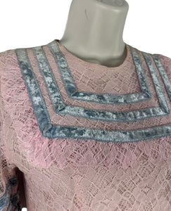 Original 1930's Pretty Pink and Blue Lace Full Length Belted Evening Dress - Bust 30 32