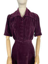 Load image into Gallery viewer, Original 1940&#39;s Aubergine Purple Cotton Velvet Dress with Huge Collar and Covered Buttons - Bust 38 40
