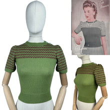 Load image into Gallery viewer, Reproduction 1940&#39;s Hand Knitted Stripe Jumper in Turtle Green and Brown Pure Wool - Bust 32 34
