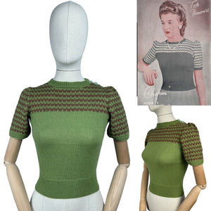 Reproduction 1940's Hand Knitted Stripe Jumper in Turtle Green and Brown Pure Wool - Bust 32 34