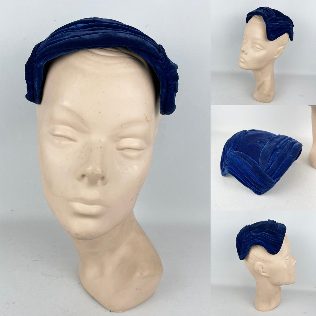Original 1950’s Cobalt Blue Pleated Velvet Close Fitting Evening Hat *