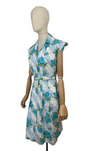 Load image into Gallery viewer, Original 1950&#39;s Stripe Floral Cotton Sleeveless Belted Day Dress in Blue and White with Bold Blue Roses - Bust 36 37
