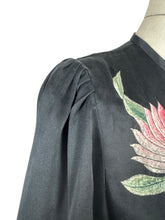 Load image into Gallery viewer, Original 1930’s Inky Black Silk Evening Jacket with Pink and Green Floral Embroidery - Bust 34 35
