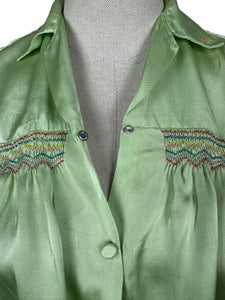 Original 1940’s Pale Green Artificial Silk Blouse with Colourful Smocking Detail - Bust 34 36