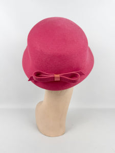Original 1950's Fuchsia Pink Felt Hat with Pleated Satin Trim and Felt Bow