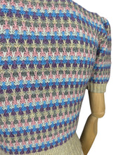 Load image into Gallery viewer, Reproduction 1940&#39;s Waffle Stripe Jumper with Bow Neck in Beige, Purple, Blue, Pink and Grey - Knitted from a Wartime Pattern - Bust 34 36
