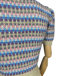 Reproduction 1940's Waffle Stripe Jumper with Bow Neck in Beige, Purple, Blue, Pink and Grey - Knitted from a Wartime Pattern - Bust 34 36