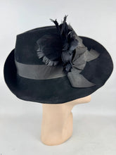 Load image into Gallery viewer, Original 1930’s 1940's Black Felt Fedora with Feather Trim by DUNLAP

