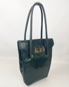 Original 1930’s Dark Green Leather Bag with Gold Tone Fixing and Double Handle