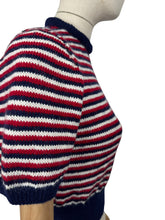 Load image into Gallery viewer, Reproduction 1940&#39;s Hand Knitted Jumper in Red, White and Blue Stripes - Bust 34

