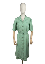 Load image into Gallery viewer, Original 1940&#39;s White and Green Candy Stripe Heavy Linen Button Front Belted Day Dress - Bust 40 42 *
