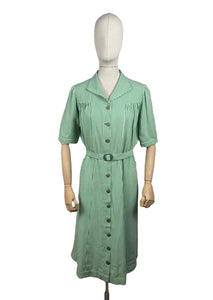 Original 1940's White and Green Candy Stripe Heavy Linen Button Front Belted Day Dress - Bust 40 42 *