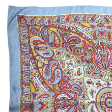 Load image into Gallery viewer, Original Large 1940's Blue Crepe Scarf with Paisley Design in Purple, Mustard, Red, Black and White - Great Headscarf *
