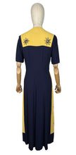 Load image into Gallery viewer, Stunning Original 1940's Navy and Butter Yellow Colour Block Crepe Dress with Floral Embroidery - Bust 34 35 *
