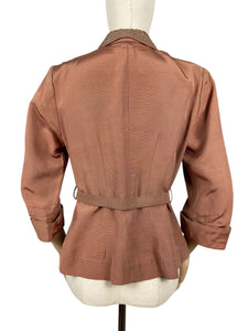 Original 1950’s Warm Brown Grosgrain Belted Jacket with Soutache Trim - Bust 36 37