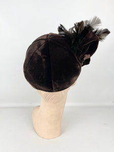 Original 1930's Dark Brown Velvet Skull Cap Hat with Large Feather Trim *
