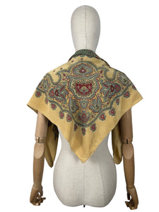 1940's Scarf in Mustard, Black, Red and Blue Silk Crepe - Great Headscarf