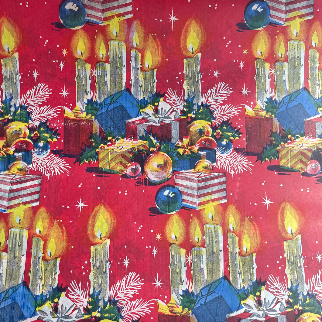 Original Vintage Colourful Christmas Wrapping Paper - Red Base with Piles of Christmas Presents, Baubles and Flaming Candles