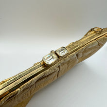 Load image into Gallery viewer, Original 1950&#39;s Soft Gold Leather Evening Bag with Snake Chain and Clear Paste Set Clasp
