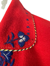 Load image into Gallery viewer, Original 1950&#39;s Red Felt Jacket Embroidered with Leaves in Blue and White - Bust 34 36
