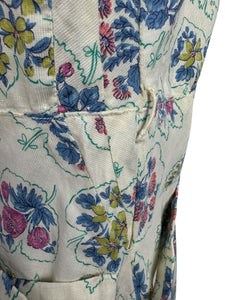 Original 1940's 1950's Cotton Belted Day Dress with Floral Print in Blue, Pink, Green and Yellow - Bust 38