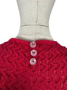 1940s Reproduction Long Sleeved Jumper in Cherry Red and Light Grey with Frill Trim - Bust 34 36