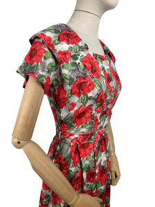 Original 1950's Petite Fit Bright Floral Floppy Cotton Day Dress - Bust 34 35 36 *