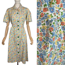Load image into Gallery viewer, Original 1940's CC41 Floral Cotton House Dress in Green, Blue, Orange and Yellow - Bust 40”

