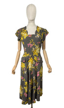 Load image into Gallery viewer, Original 1940's Dark Grey Floral Print Pink and Mustard Crepe Day Dress with Peplum - Bust 34 35 *
