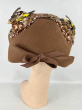 Load image into Gallery viewer, Original 1940's Brown Felt Bonnet Hat with Bird and Pheasant Feather Trim *
