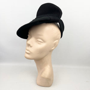 Original 1940's Black Felt Hat with Pleated Crown and Triple Pom-pom Trim *