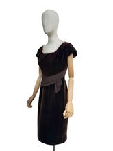Load image into Gallery viewer, Original 1950's Slimuette Dark Brown Cotton Velvet Wiggle Dress with Hip Drape - Bust 34
