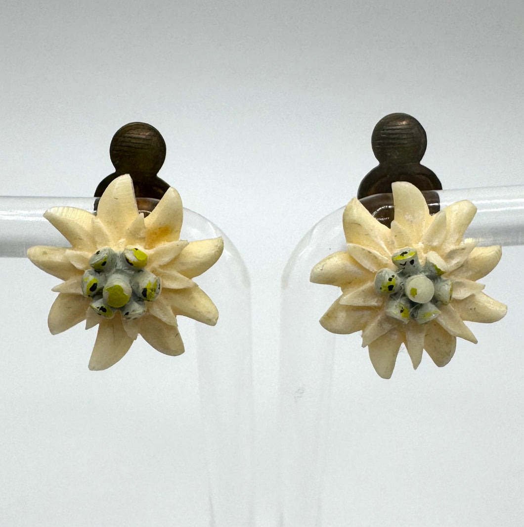 Original 1930's 1940's Carved Edelweiss Clip On Flower Earrings