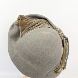 Original 1930's Dove Grey Side Tilt Hat with Large Oversized Velvet Bow Trim *