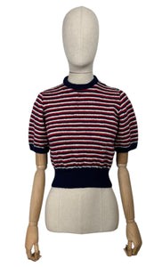 Reproduction 1940's Hand Knitted Jumper in Red, White and Blue Stripes - Bust 34