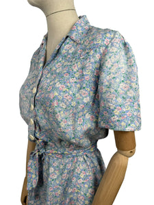 AS IS Original 1940's Floppy Cotton Summer Dress in Blue with Teeny Floral Print - Bust 38