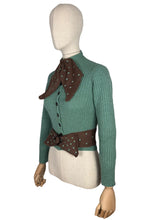 Load image into Gallery viewer, 1930&#39;s Reproduction Hand Knitted Long Sleeved Cardigan with Bow Trim and Spotted Belt in Green and Brown - Bust 32 34
