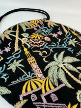 Load image into Gallery viewer, Original 1920&#39;s Black Cotton Bag with Vibrant Silk Embroidery of Flowers, Palm Trees and Buildings *
